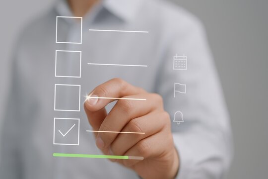 Man using digital checklist interface pressing glowing box for task completion, project management and business productivity
 - Powered by Adobe