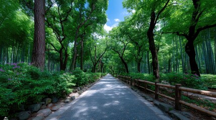 Naklejka premium Bamboo Forest Trail with Lush Greenery and Sunlight Dappled Path in Cinematic HDR Landscape