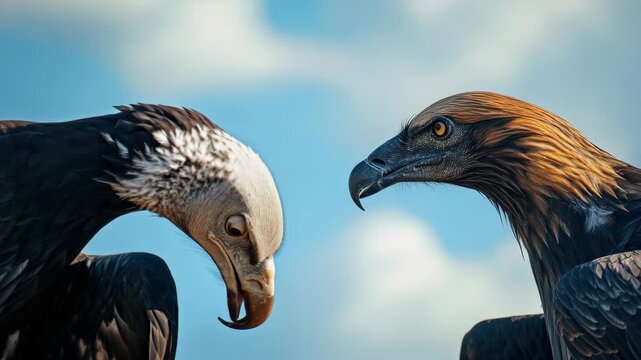 Close-up of two eagles facing each other against blue sky background