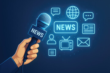 Hand holding microphone with news icons and globe on blue background broadcast
