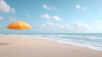 Beach Umbrella Standing on Pebble Beach Under Blue Sky with Clouds Sunlight Illuminating Coastline Tranquil Seaside Scene