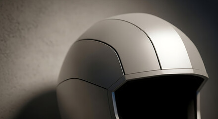 Close up of a futuristic silver helmet with dark visor against a blurred neutral background wall space