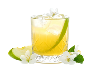 Yellow drink, ice, apple slices, flowers
