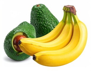 Two ripe avocados and a bunch of yellow bananas, one avocado sliced open, isolated on white