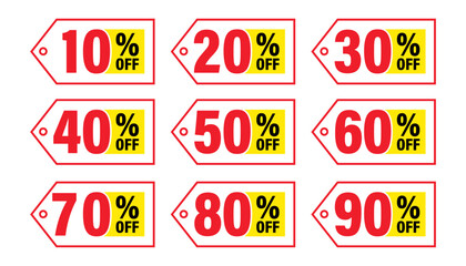 Promotion hold tag. Special offer discount on red tags shapes with different value percent off 90, 80, 70, 60, 50, 40, 30, 20, and 10%.
