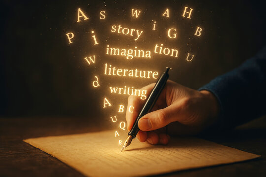 Hand writing with a fountain pen on parchment as glowing letters float upwards 