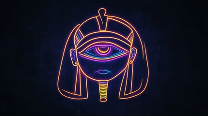 Egyptian Themed Logo, an outline of a Pharoah,a design of an eye is in the center,neon style, street art, black background 