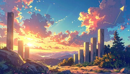 Sunset over a mountain range with ancient stone pillars