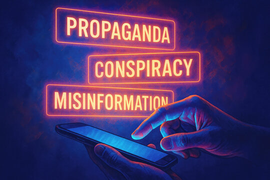 Hands holding smartphone with propaganda conspiracy misinformation neon text glowing fake news social media
