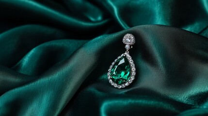 Emerald Elegance: A captivating emerald gemstone earring rests on luxurious dark green fabric, creating an image of sophisticated beauty and timeless allure