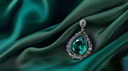 Emerald Elegance: A captivating emerald gemstone earring rests on luxurious dark green fabric, creating an image of sophisticated beauty and timeless allure