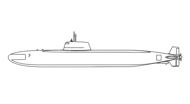 Submarine in Profile: A detailed outline of a submarine, showcasing its sleek design, robust structure, and advanced technology, emphasizing its underwater capabilities.
