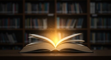 Open Book with Magical Golden Light in the Library