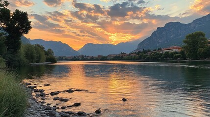 Breathtaking view of River Adda with surrounding mountains and a dramatic sky in Lecco, Italy, at sunset