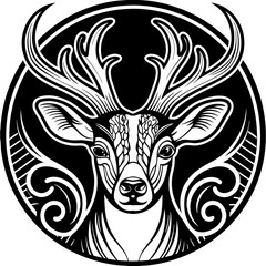 A detailed, black and white line drawing of a deer head is centered in the frame, facing the viewer directly. The deer's head exhibits a symmetrical design with large, branching antlers extending upwa