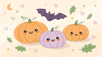 Fototapeta premium Adorable kawaii halloween scene featuring three cute pumpkins and a friendly bat against a soft autumn background