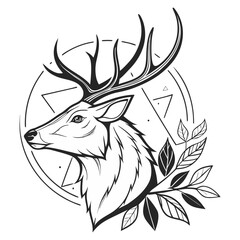 A detailed, black and white line drawing of a deer head is centered in the frame, facing the viewer directly. The deer's head exhibits a symmetrical design with large, branching antlers extending upwa
