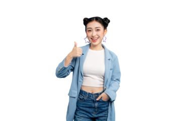 Joyful woman gives a thumbs up, radiating positivity and excitement. Her warm smile and raised thumb evoke feelings of approval and encouragement.in PNG