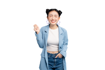 Joyful woman in a casual outfit expressing happiness and contentment in PNG