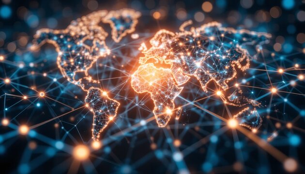 An abstract geometric design of luminous nodes and connected neon lines that symbolizes global connection and digital connectivity