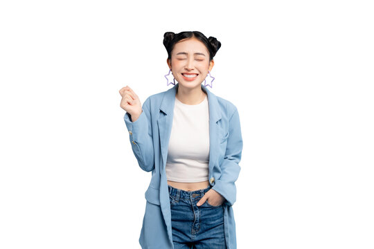 Joyful woman in a casual outfit expressing happiness and contentment in PNG
