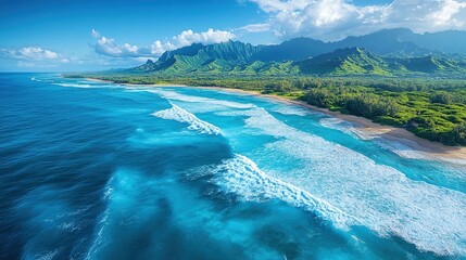 Aerial view of blue ocean waves with foamy crests
