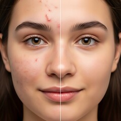 Before and after image showcasing a significant improvement in skin tone and texture, revealing the reduction of blemishes and acne.