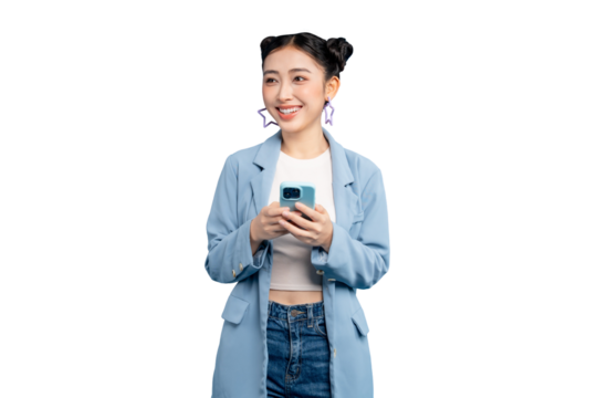 Asian Woman smiling joyfully while holding a smartphone in PNG