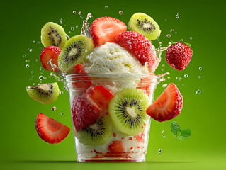 Kiwi strawberry ice cream in a clear cup fruit sl
