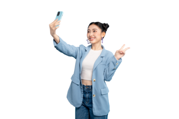 Portrait Asian Woman taking selfie, smiling, using phone in PNG