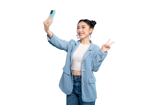 Portrait Asian Woman taking selfie, smiling, using phone in PNG