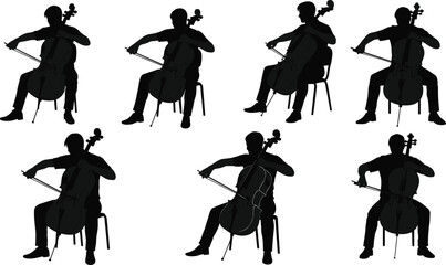 Silhouette illustration of musicians playing cello while seated with bow, showing classical music performance and orchestra instrument art design vector. © KanonRani art
