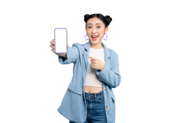 Young Asian woman holding a smartphone with a blank screen in PNG