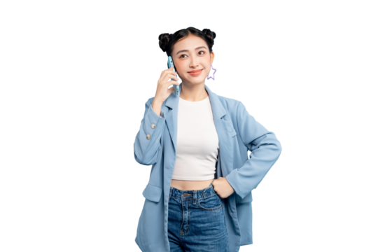 portrait of a woman talking on the phone, smiling and looking at the camera. She is wearing a blue jacket and jeans, with her hair styled in space buns in PNG