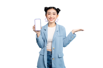 portrait Asian Woman A vibrant young woman holding a phone with an empty screen and an inviting gesture on PNG