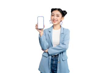 portrait Asian Woman holding a phone with a blank screen. She's smiling and looking at the camera in PNG