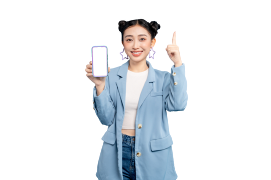 Asian Woman showcasing a mobile phone with a blank screen, offering a product display or app demonstration, engaging viewers  in PNG