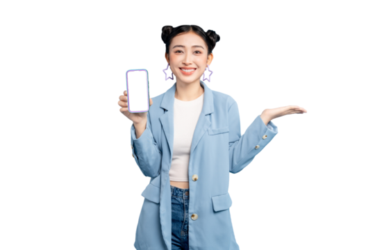 portrait Asian Woman A vibrant young woman holding a phone with an empty screen and an inviting gesture on PNG