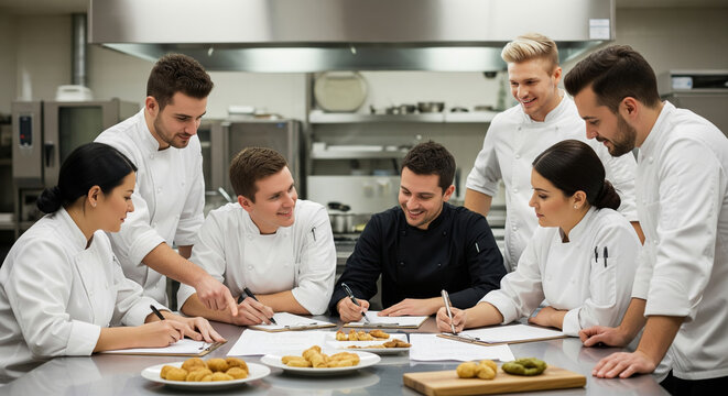 Chefs Collaborating on Menu Development in Kitchen - Powered by Adobe