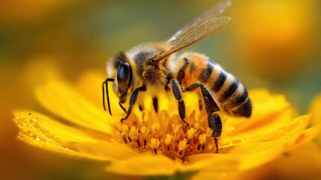 A bee is seen collecting nectar from a vibrant yellow flower in a lush garden. The close-up shows the bee's detailed features and the beauty of nature on a sunny day