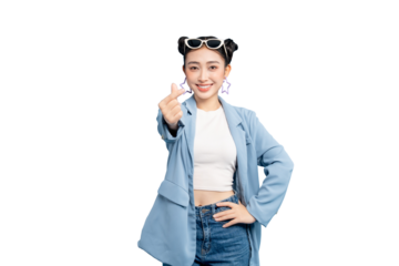 portrait Asian Woman  making a heart gesture with her fingers, wearing a stylish blue blazer, sunglasses, and star earrings on PNG