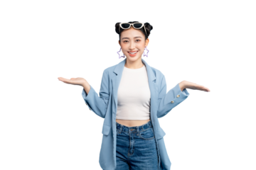 portrait Asian Woman poses with stylish sunglasses and happy expression on PNG