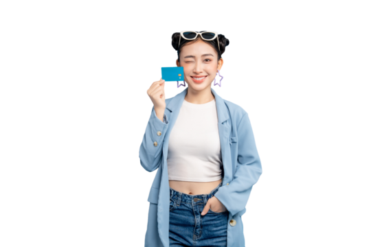 portrait Asian Woman winking, holding a card in her right hand on PNG