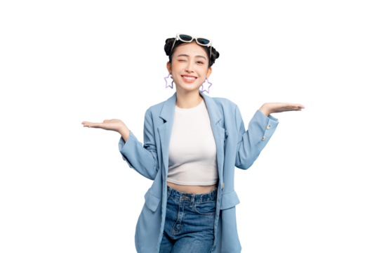 portrait Asian Woman is presenting with her hands open. She is wearing a stylish blue jacket, sunglasses, and jeans on PNG