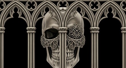 Ornate skull design framed by gothic arches, showcasing intricate lace-like details on the face.