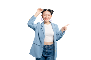 portrait Asian Woman  in sunglasses pointing to the side, appearing happy and confident on PNG