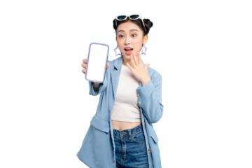 portrait Asian Woman astonished by smartphone features. A beautiful Asian woman holding and pointing at the screen on PNG