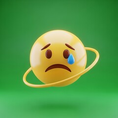 A three-dimensional, yellow emoji planet, displaying a sad expression with a single blue tear, orbits on a plain green backdrop.