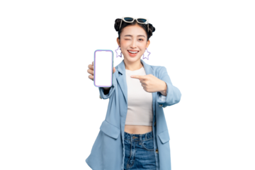 portrait Asian Woman  holding a mobile phone and winking. A stylish woman holds the mobile phone screen forward, as if showing off the screen in a studio PNG