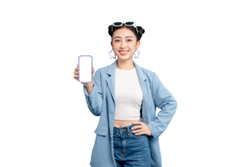 portrait Asian Woman holds up a smartphone with a blank screen, demonstrating modern technology. The woman is wearing stylish clothing and sunglasses